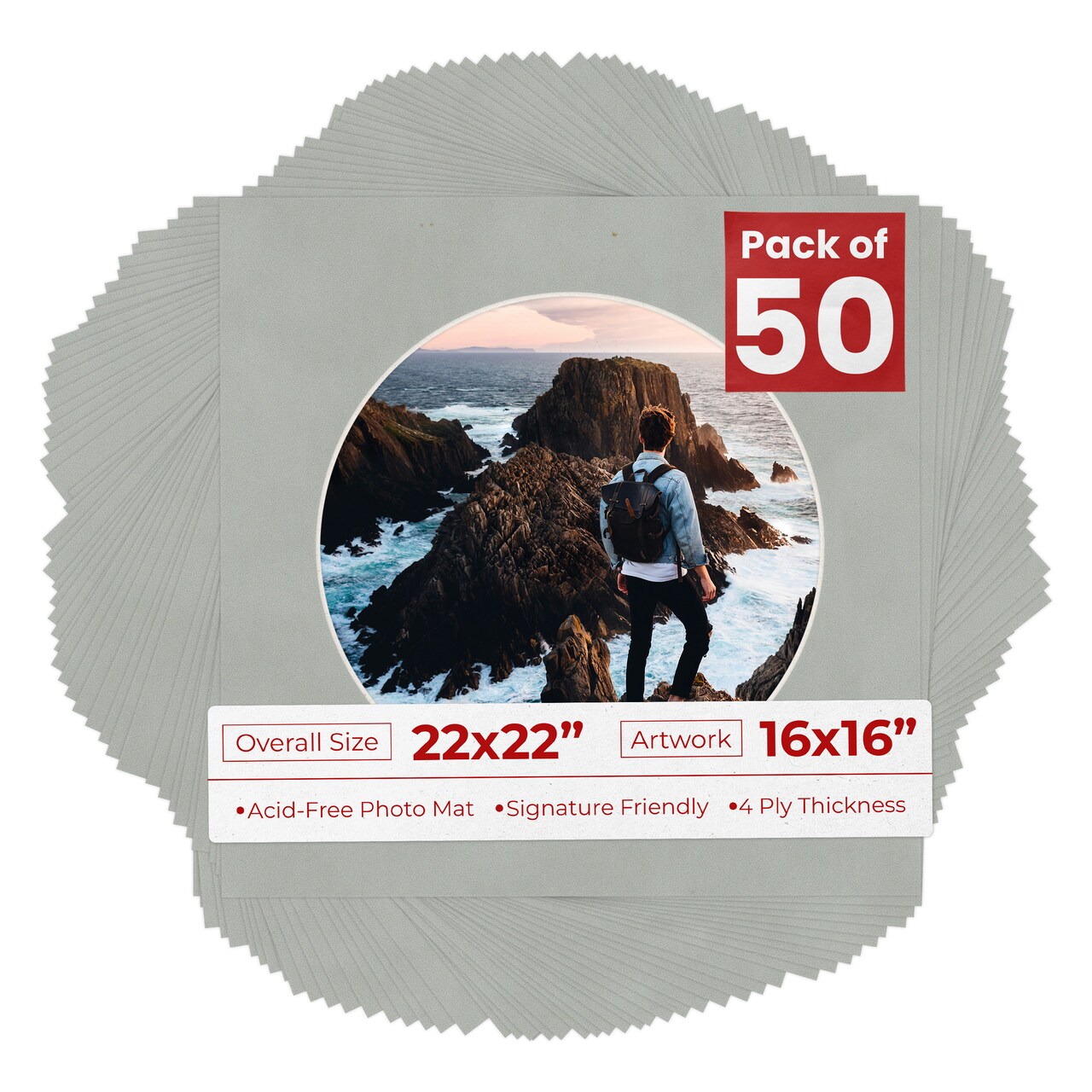 Light Grey Suede Mat Board for 22x22 Frames - Circle Opening for 16x16 Photos